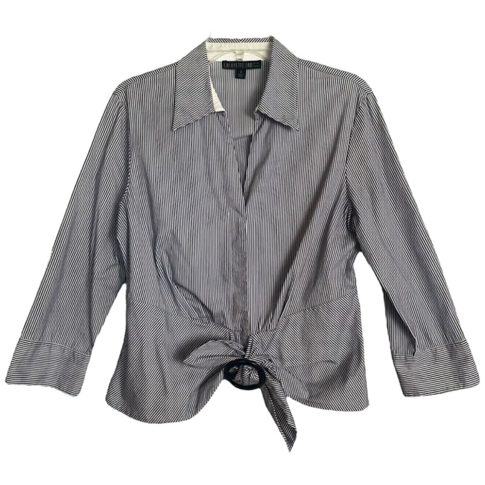 Lafayette 148 Striped Collared Shirt Women's 8 Blue White Classic Preppy Career